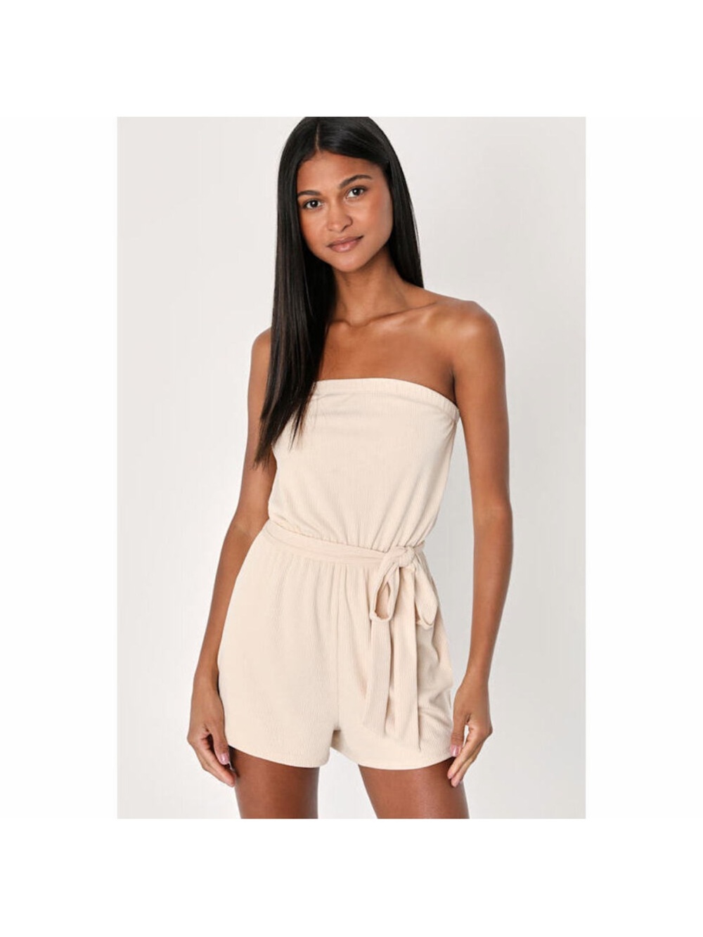 Lulu's Leisurely Strapless Ribbed Romper with Belt